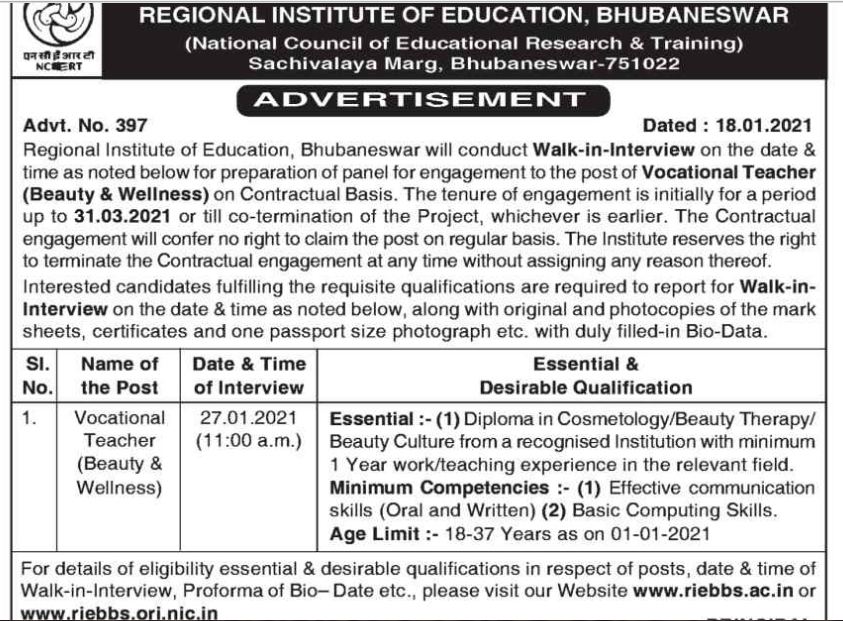 RIE Bhubaneswar Recruitment 2021 – Jobs in Odisha